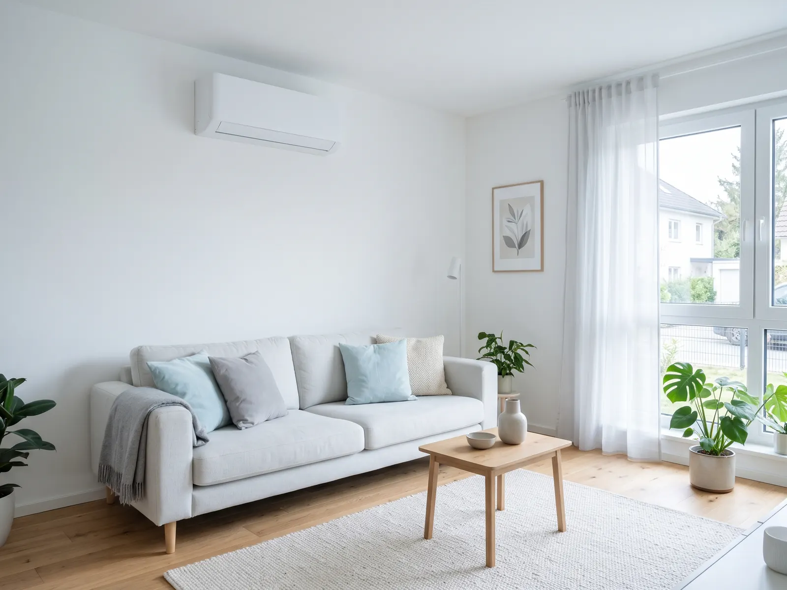 Weißes Wandklimagerät über dem Sofa in einem hellen Wohnzimmer