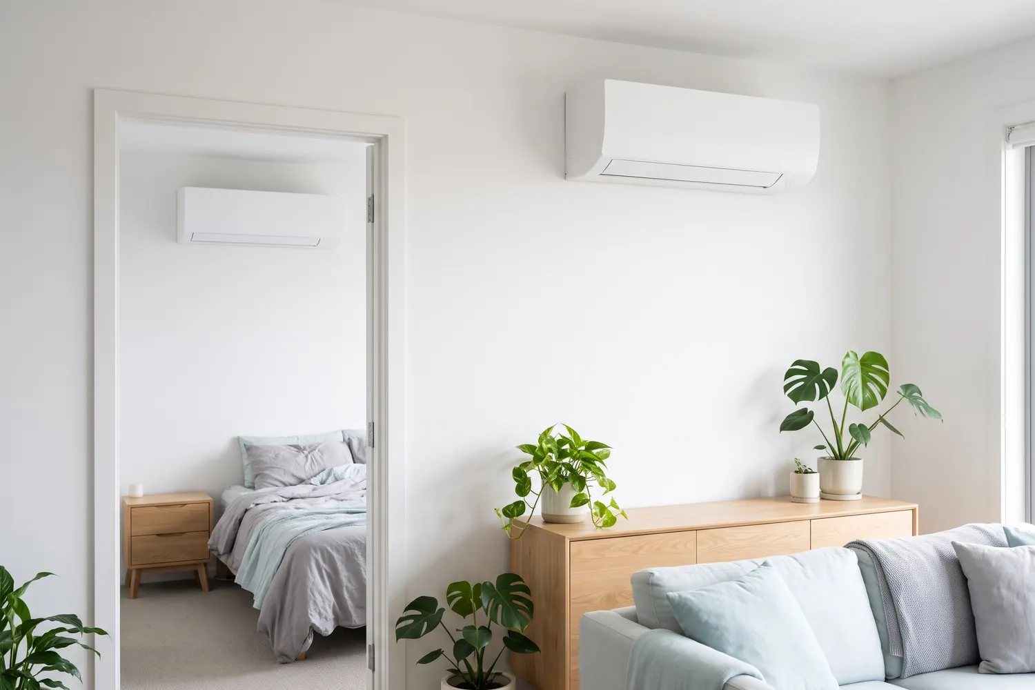 Je ein Wandklimagerät im Wohnzimmer und im angrenzenden Schlafzimmer