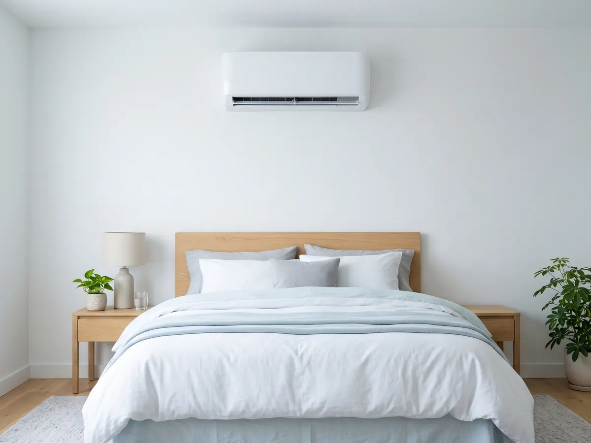 Weißes Wandklimagerät über dem Bett in einem hellen Schlafzimmer