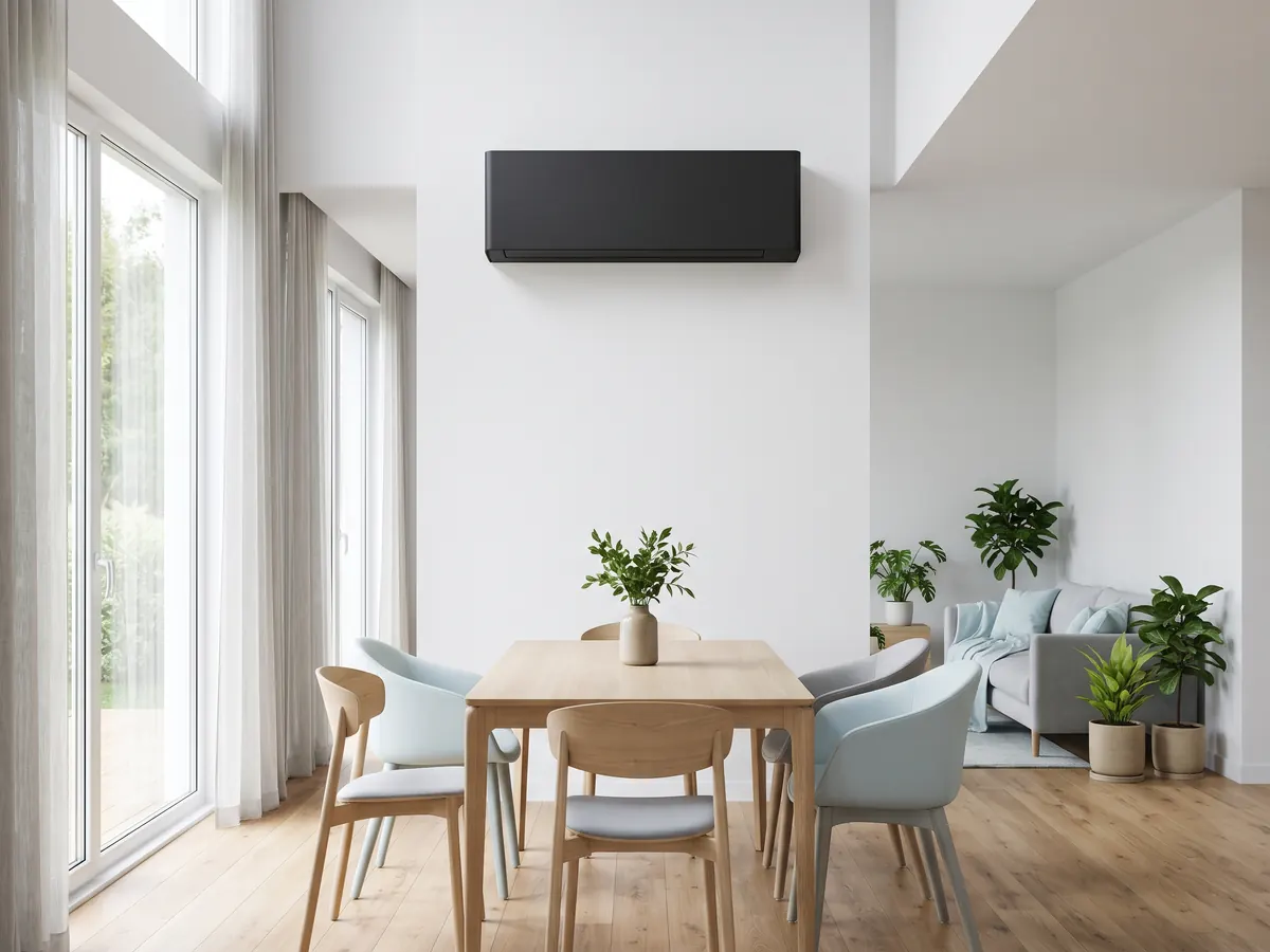 Flaches Design-Wandklimagerät in Graphit-Schwarz im Wohn- und Essbereich